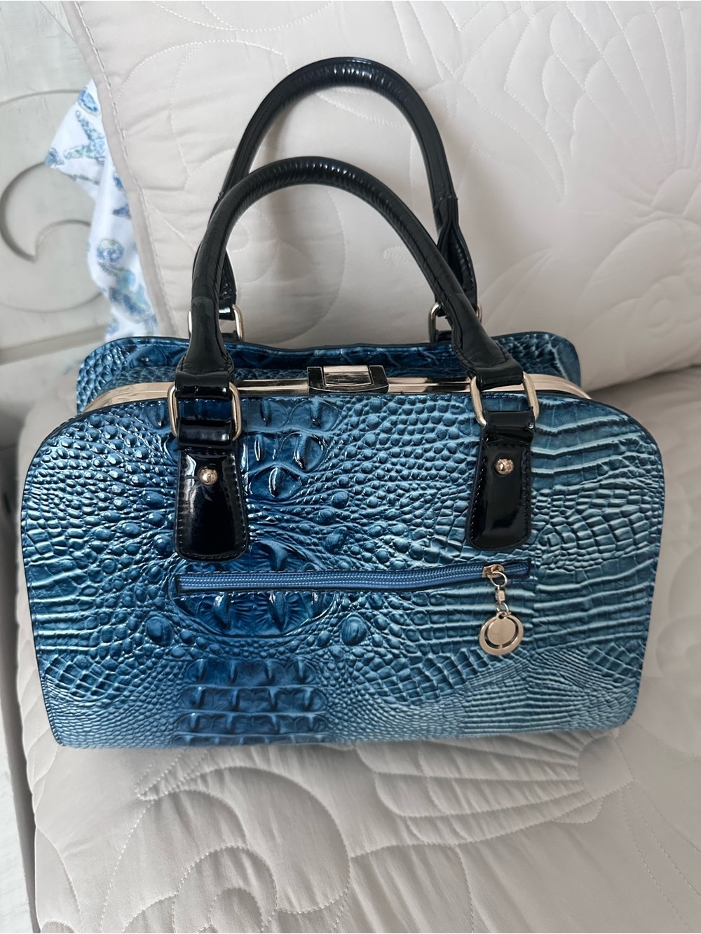 Blue Croc-Embossed Satchel Handbag